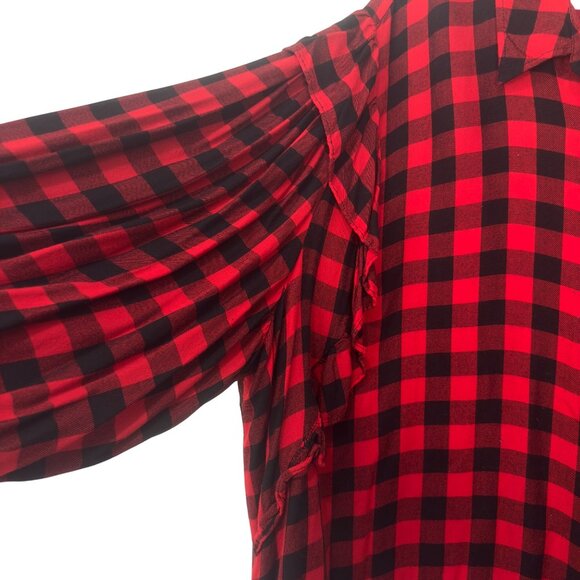 Cato Red & Black Plaid Button-Up Shirt With Ruffle Sleeves Womens Size 26/28W - Picture 11 of 12